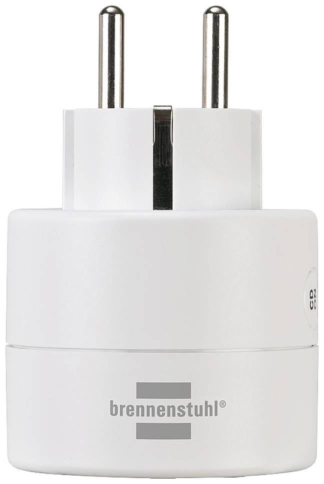 Weißer Steckdosenadapter mit zwei Metallstiften und dem Aufdruck 'brennenstuhl'. Eignet sich für europäische Steckdosen.