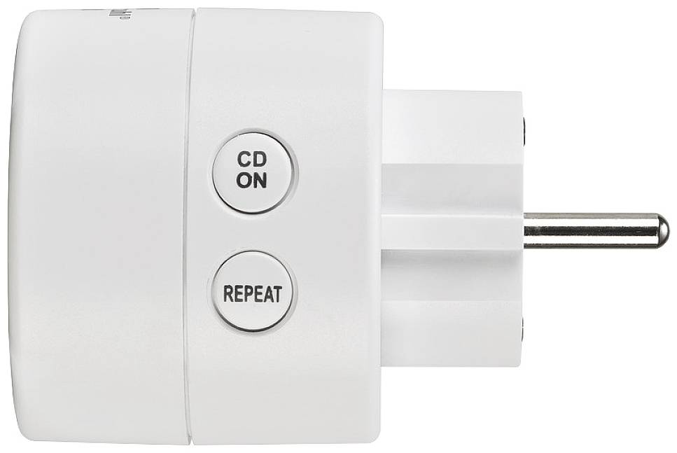 Weiße Steckdose mit zwei runden Tasten, beschriftet mit 'CD ON' und 'REPEAT'. Seitliche Ansicht auf einen Stecker.