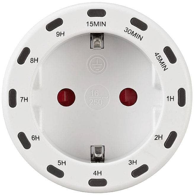Weiße Steckdose mit eingebautem Timer. Beschriftungen zeigen Zeitintervalle von 1 bis 15 Minuten für die automatische Abschaltung.
