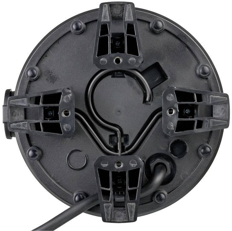 Schwarze, runde Basis einer Lampe mit Kabelanschluss und drei Clips für die Befestigung.