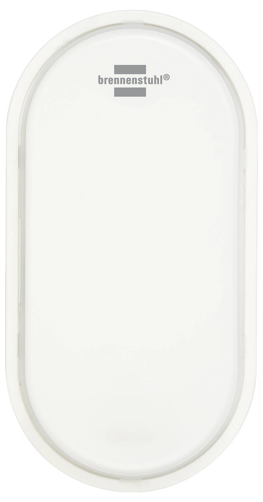 Weiße ovale Brennenstuhl-Leuchte mit glatter, durchscheinender Abdeckung und hellem Beige-Rahmen, abgebildet vor neutralem Hintergrund.