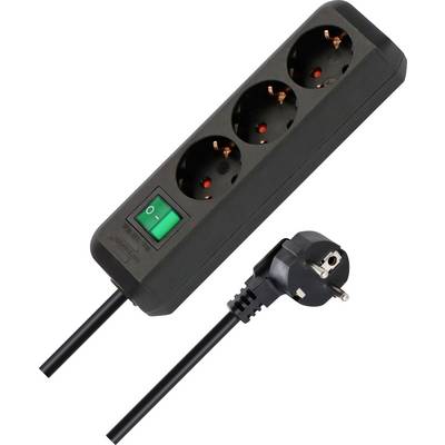 Schwarze Steckerleiste mit vier europäischen Steckdosen und grünem Ein-/Ausschalter, gezeigt mit angeschlossenem Stromstecker und Kabel auf weißem Hintergrund.