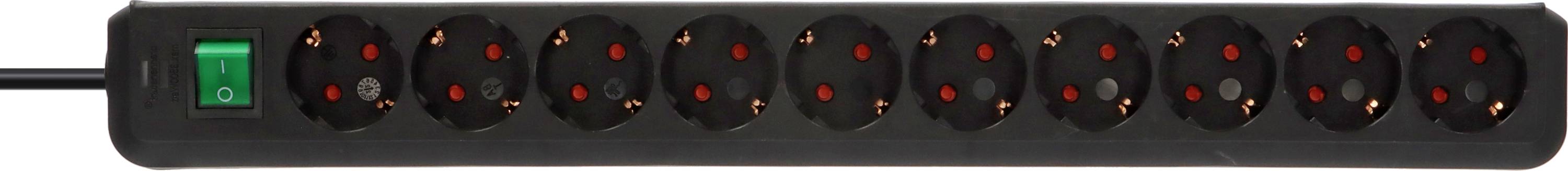 Eine schwarze Steckdosenleiste mit zehn Steckplätzen und einem grünen Ein-/Ausschalter.