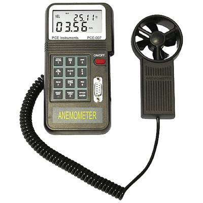 Handanemometer mit Display zeigt Temperatur 25,1°C und Windgeschwindigkeit 3,56 m/s, mit Ventilator-Sensor verbunden.