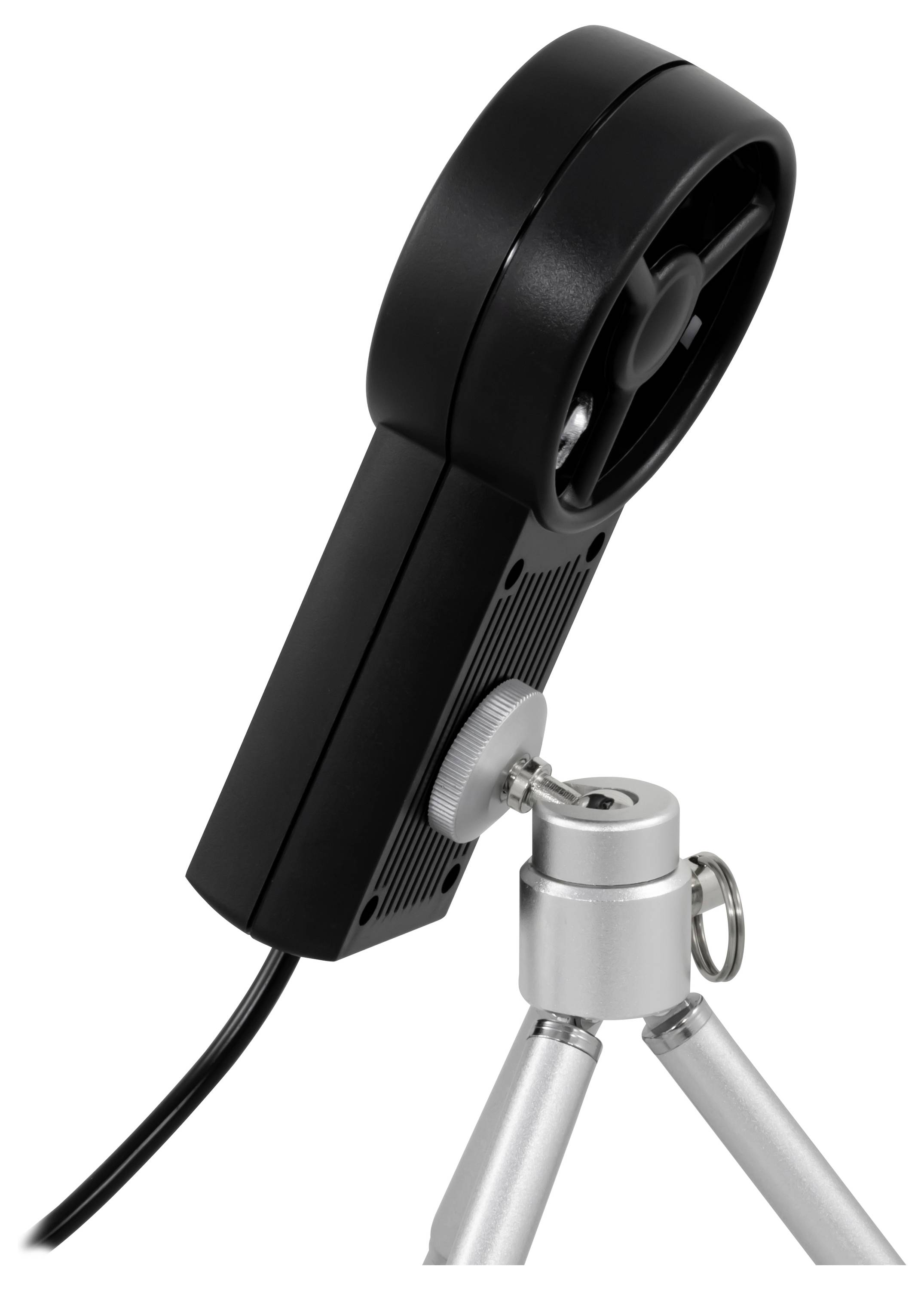 Schwarzes tragbares Anemometer auf einem kleinen Stativ montiert, mit einem Kabel, das vom Gerät abgeht.