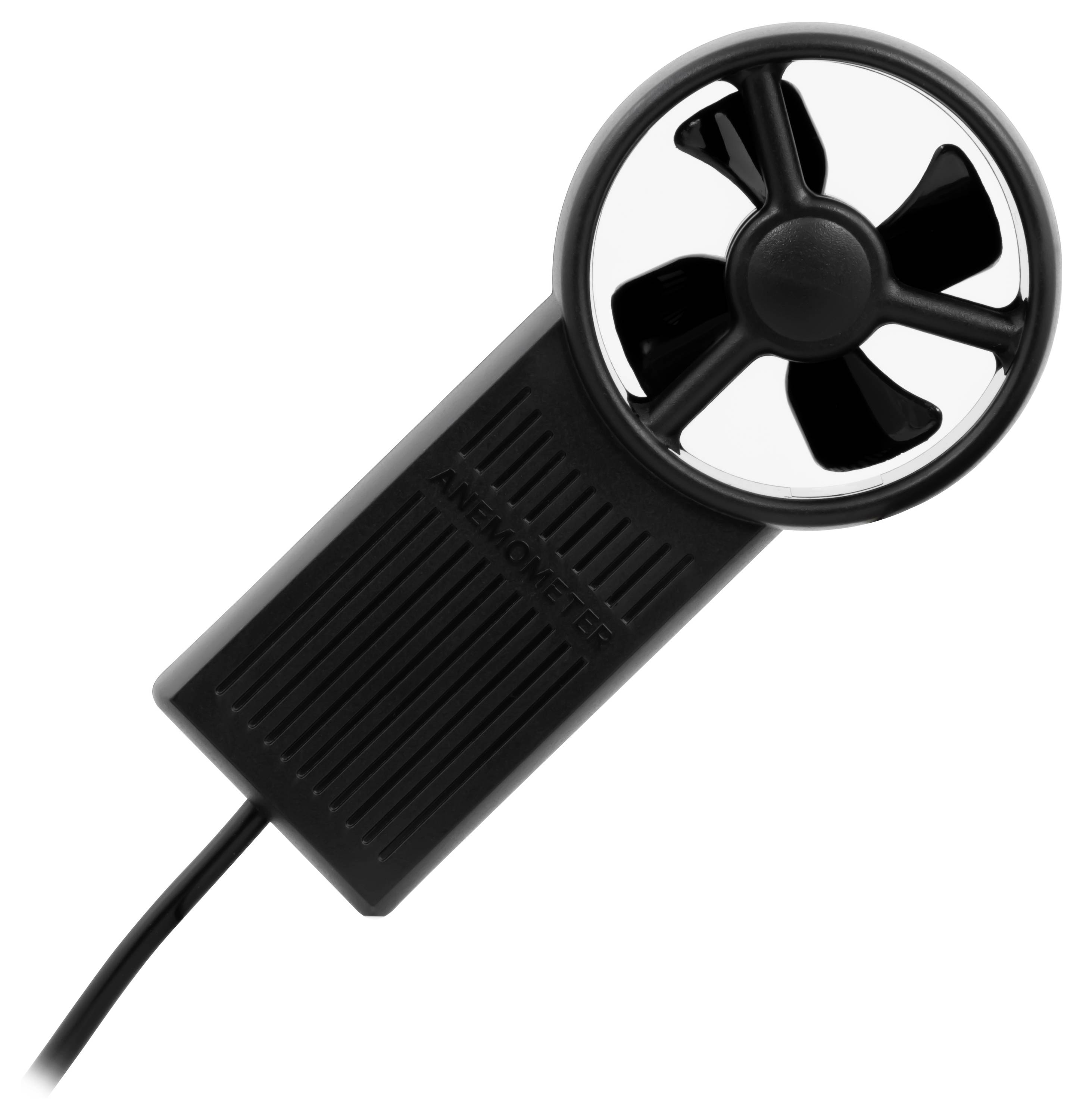 Tragbares schwarzes Anemometer mit Lüfterrad und Schnur auf weißem Hintergrund.