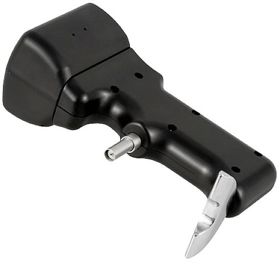 Schwarzes, T-förmiges Gerät mit einem metallischen Haken und einem hervorstehenden Stift in der Mitte; Werkzeug oder Geräteteil.