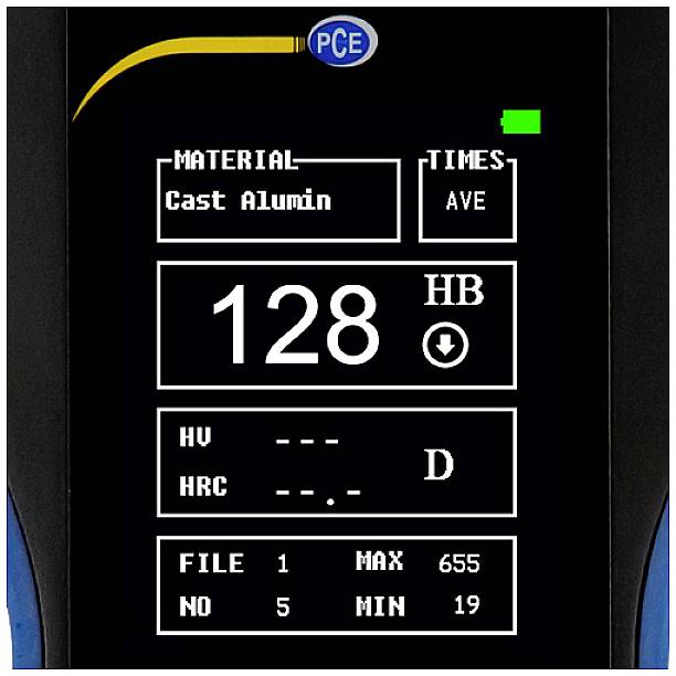 Ein Gerätedisplay zeigt: Material 'Cast Alumin', Härtewert '128 HB', Dateinummer '1', maximale Härte '655', minimale Härte '19'.