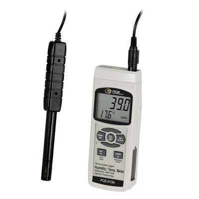 Digitales Feuchte- und Thermometer mit angeschlossenem Sensor, das 39,0 und 17,6°C auf dem Display anzeigt.