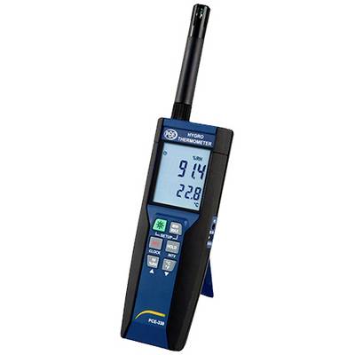 Tragbares Hygro-Thermometer mit digitaler Anzeige zeigt '91,4 % RH' und '22,8 °C'. Gerät hat Messfühler und Bedienknöpfe.
