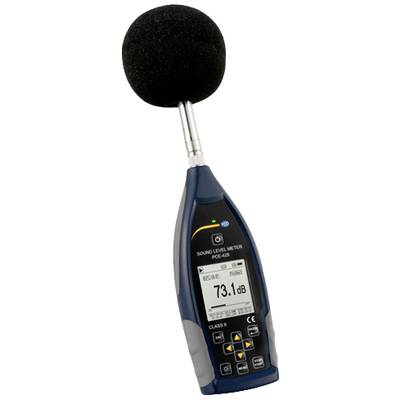 Ein Schallpegelmesser mit digitalem Display zeigt einen Wert von 73,1 dB an. Das Gerät hat ein großes Mikrofon oben.