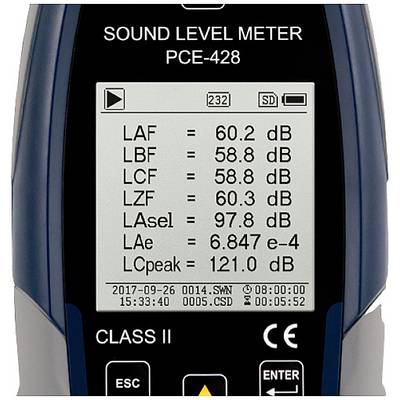 Schallpegelmessgerät-Display mit Werten: LAF 60.2 dB, LBF 58.8 dB, LCF 58.8 dB, LZF 60.3 dB, LAe 6.847 e-4, LCpeak 121.0 dB.