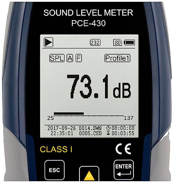 Schallpegelmesser zeigt '73,1 dB' auf dem Bildschirm. Funktionen: SPL, A/F, Profile 1. Zeitstempel: 26.09.2017, 22:35:01. Klasse I Gerät.