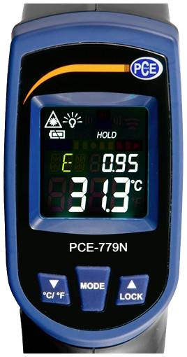 Ein Infrarot-Thermometer zeigt eine Temperatur von 31,3 °C an. Oben sind verschiedene Symbole und die Bezeichnung 'PCE-779N' sichtbar.