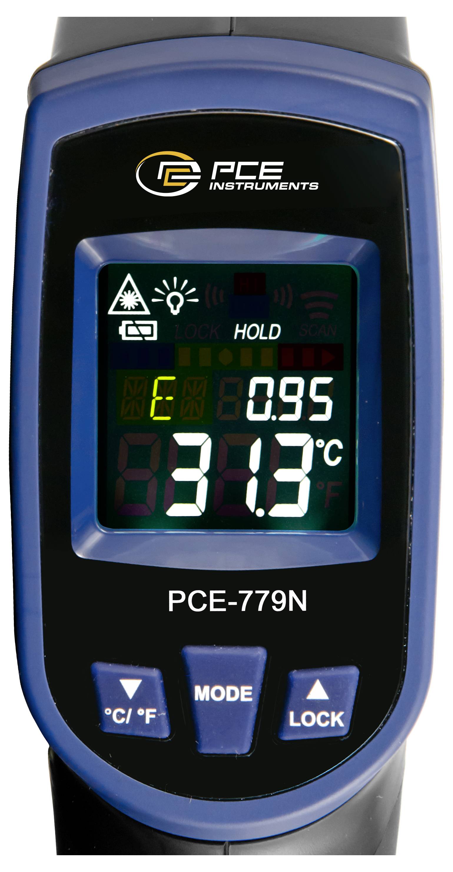Tragbares PCE-Infrarotthermometer mit Handheld-Design, das 31,3°C anzeigt, Modell PCE-779N, mit sichtbaren Laser- und Batteriestatussymbolen.