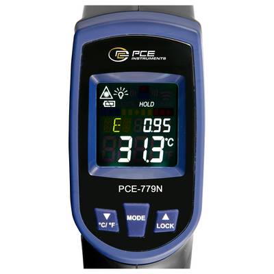 Tragbares PCE-Infrarotthermometer mit Handheld-Design, das 31,3°C anzeigt, Modell PCE-779N, mit sichtbaren Laser- und Batteriestatussymbolen.
