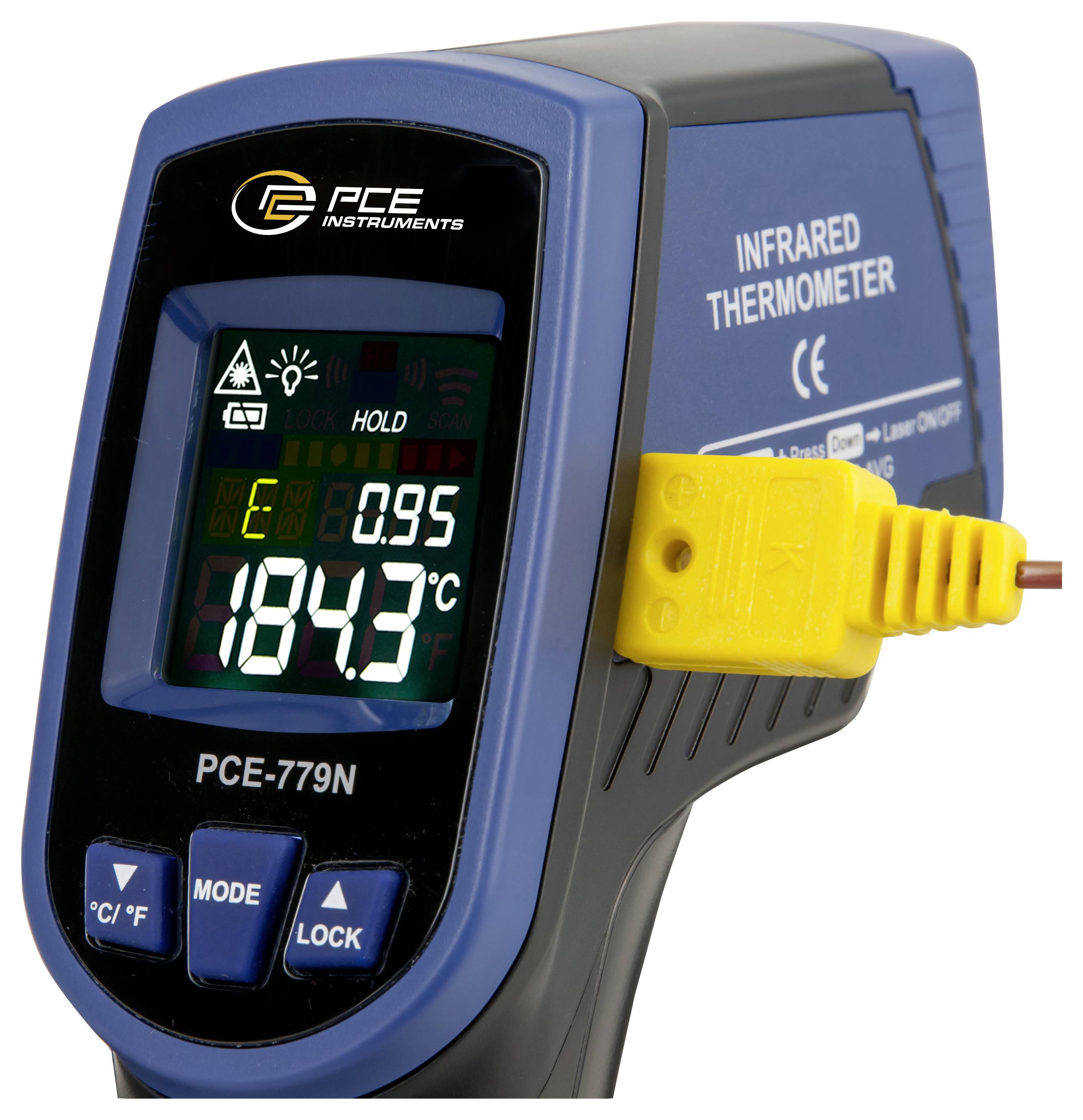 Tragbares PCE-Infrarot-Thermometer mit einer Anzeige von 184,7°C, mit einer gelben Sonde, die an der Seite angebracht ist.