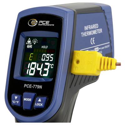 Tragbares PCE-Infrarot-Thermometer mit einer Anzeige von 184,7°C, mit einer gelben Sonde, die an der Seite angebracht ist.