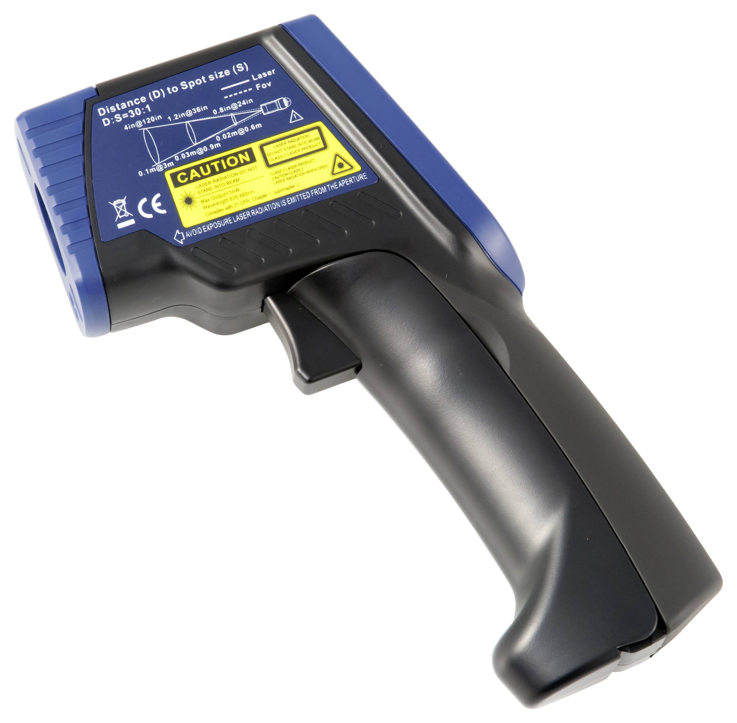 Tragbares Infrarot-Thermometer-Pistole mit schwarzem und blauem Gehäuse und gelbem Warnschild, das zur Messung der Temperatur aus der Ferne verwendet wird.