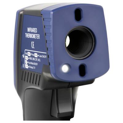 Tragbares Infrarot-Thermometer mit blauer Frontlinse und Display, gezeigt auf weißem Hintergrund.