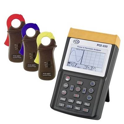 PCE-830 Energie- und Harmonischen-Analysegerät mit Bildschirmgrafik und drei farbcodierten Stromzangen.