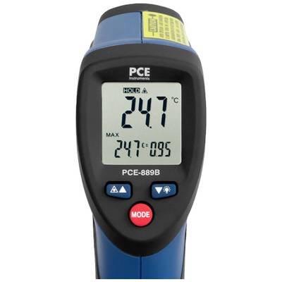 Ein digitales Infrarot-Thermometer zeigt eine Temperatur von 24,7°C an. Der MAX-Wert ist ebenfalls 24,7°C. Gerät in Schwarz und Blau.