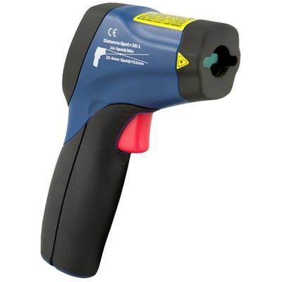 Ein blaues und schwarzes Infrarot-Thermometer mit rotem Knopf und gelben Warnhinweisen. Es misst Temperaturen auf Distanz.