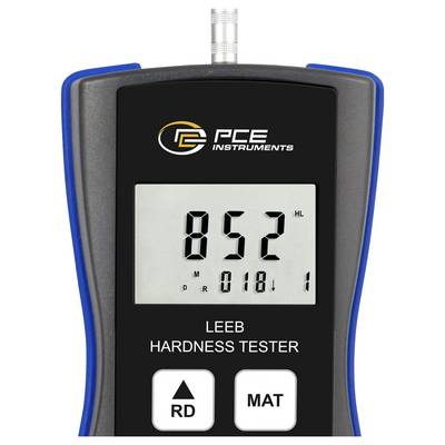 Tragbares PCE-Gerät Leeb-Härteprüfer Display zeigt eine Härtewertanzeige von 852 HL und Materialeinstellung 018 mit RD- und MAT-Tasten darunter.