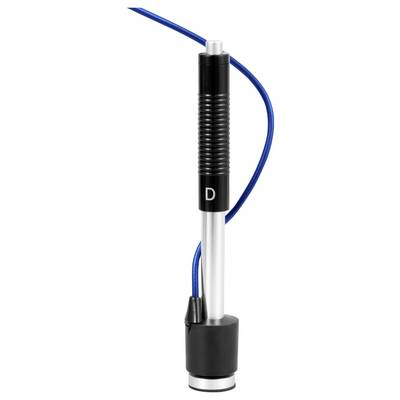 Schwarzes zylinderförmiges Gerät mit der Bezeichnung "D" mit einem blauen Kabel, montiert auf einem silber-schwarzen Sockel vor weißem Hintergrund.