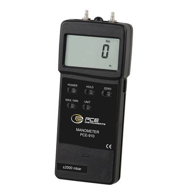 Digitales tragbares Manometer zeigt 0 bar an, mit Tasten für Ein-/Ausschalter, Hold, Zero, Max/Min und Einheit, beschriftet PCE-910.