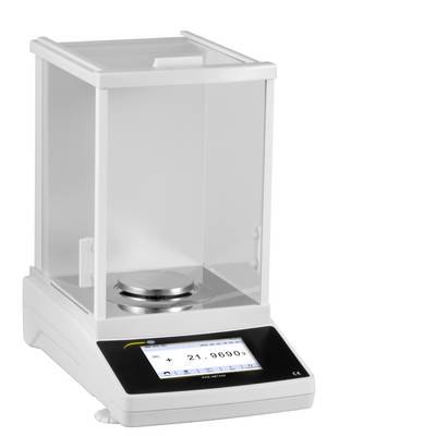 Laboranalytische Waage mit Glaszugschutz und Touchscreen-Display, das eine Gewichtsmessung anzeigt.