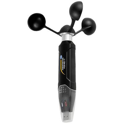 Ein schwarzes Anemometer mit USB-Anschluss, das die Windgeschwindigkeit misst. Drei drehbare Schalen sind oben angebracht.