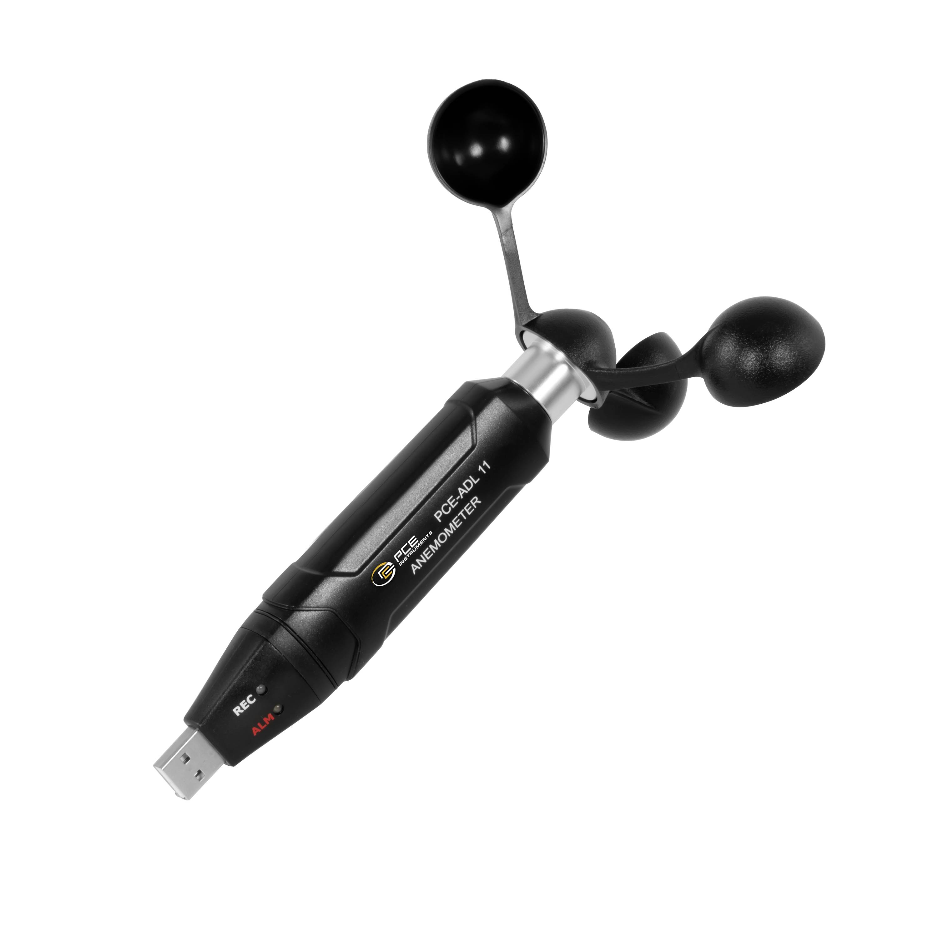 Tragbares digitales Anemometer mit Drei-Kelch-Windsensor und USB-Anschluss auf weißem Hintergrund.