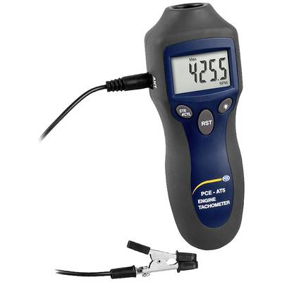 'Tachometer zeigt 4255 RPM an. Gerät hat ein Kabel mit Klemme zum Messen von Drehzahlen. Display und Bedienknöpfe sichtbar.'