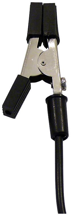 Schwarze Krokodilklemme mit isoliertem Griff, verbunden mit einem schwarzen Kabel. Verwendet zur sicheren elektrischen Verbindung.