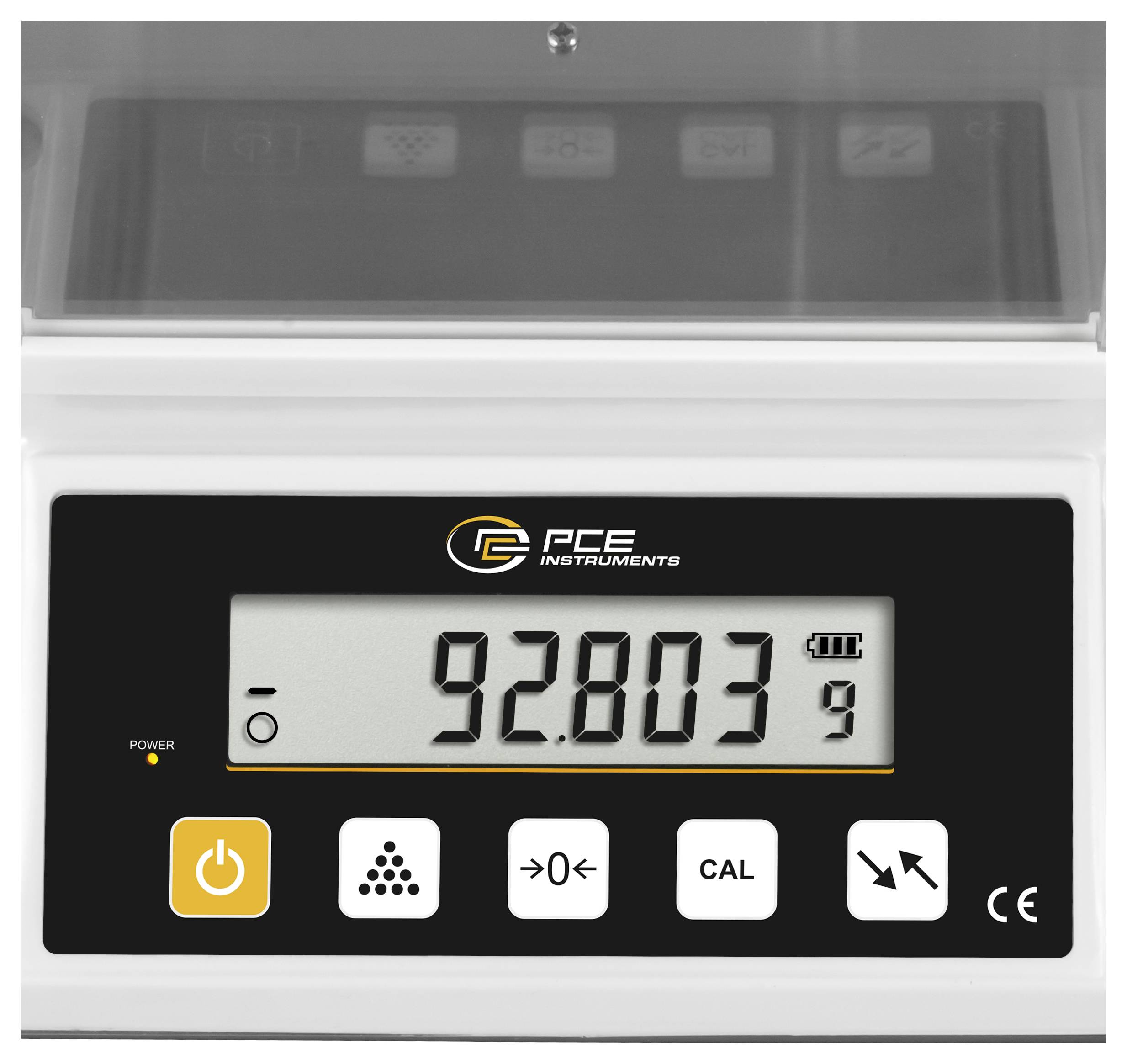 Digitale Waagenanzeige mit 92,803 g auf einem PCE Instruments Panel mit Stromschalter, Null-, Kalibrierungs- und Modustaste.