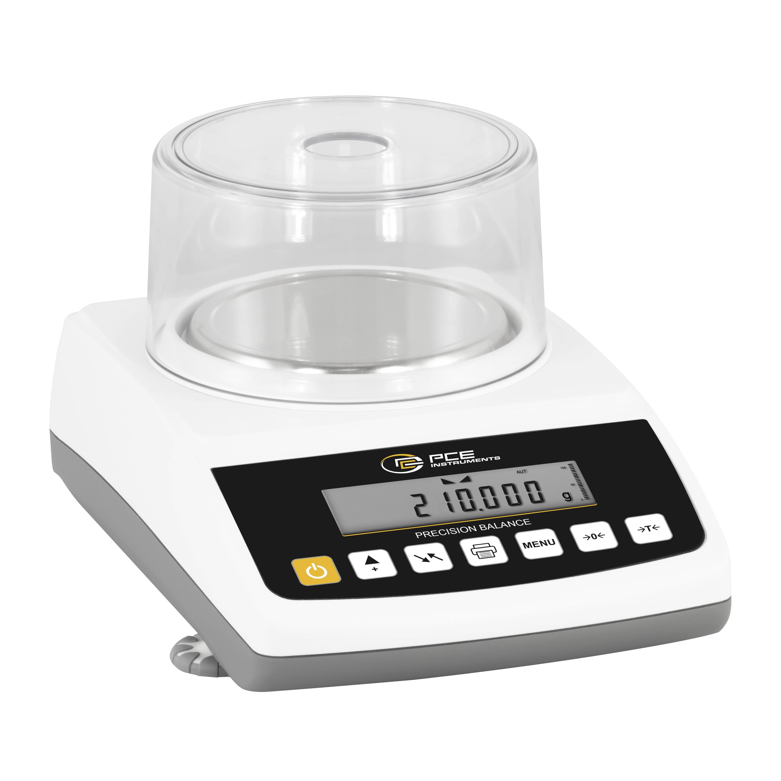 Digitale Präzisionswaage mit transparentem Windschutz und LCD-Display mit Anzeige von 210.000 g, dargestellt auf einer weißen Laborwaage.