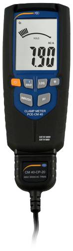 Strommessgerät zeigt '7.90 ACA' auf dem Display an, mit Tasten für verschiedene Funktionen darunter.