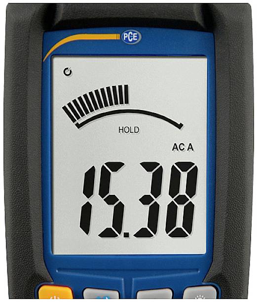 Ein digitales Multimeter-Display zeigt einen Wert von 15,38 AC A mit einer analogen Skala oben, die den Stromfluss darstellt.