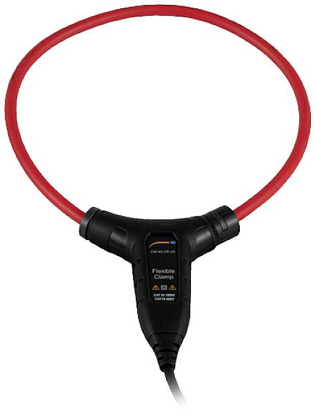 Rogowski-Spule mit flexiblem roten Messkabel und schwarzem Anschlussstück, typischerweise zur Messung von elektrischen Strömen verwendet.