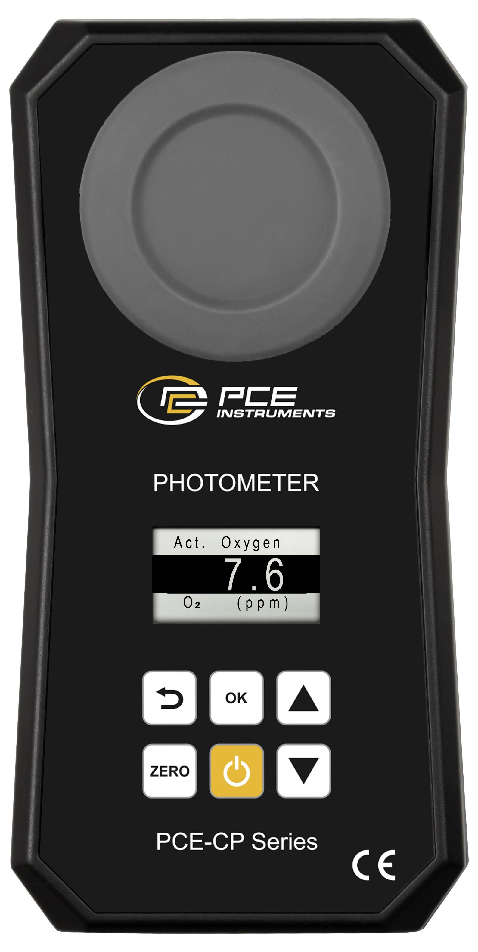 Tragbares PCE-Messinstrument Photometer zeigt Anzeige „Akt. Sauerstoff" mit 7,6 ppm, mit Null-, OK-, Auf-/Ab-Tasten und CE-Zeichen.