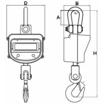 Technische Zeichnung eines Krans mit Haken und Bauteilen, die mit A, B und H gekennzeichnet sind. Seiten- und Vorderansicht dargestellt.