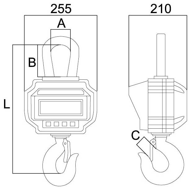 Technische Zeichnung einer Kranwaage mit Haken, dargestellt in Front- und Seitenansicht, beschriftet mit den Abmessungen 255 und 210.