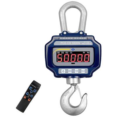 Elektronische Hängewaage mit digitalem Display zeigt '5000.0' an. Wird mit einer Fernbedienung geliefert. Maximale Kapazität 5000 kg.