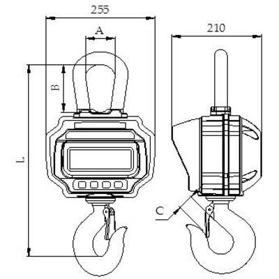 Technische Zeichnung eines Waagehakens mit Abmessungen: L, A, B, C. Abmessung L ist die Gesamtlänge, A und B die Größe des Gehäuses, C der Hakenabstand.