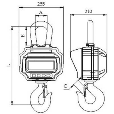 'Technische Zeichnung einer Kranwaage mit Hakendarstellung. Links Draufsicht mit Maßen A, B und L; rechts Seitenansicht mit Maß C.'