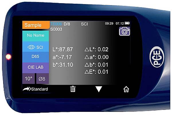 Ein elektronisches Handgerät zeigt Farbmessungen auf einem Display. Werte für L*, a*, b* und ΔE* sind aufgeführt.