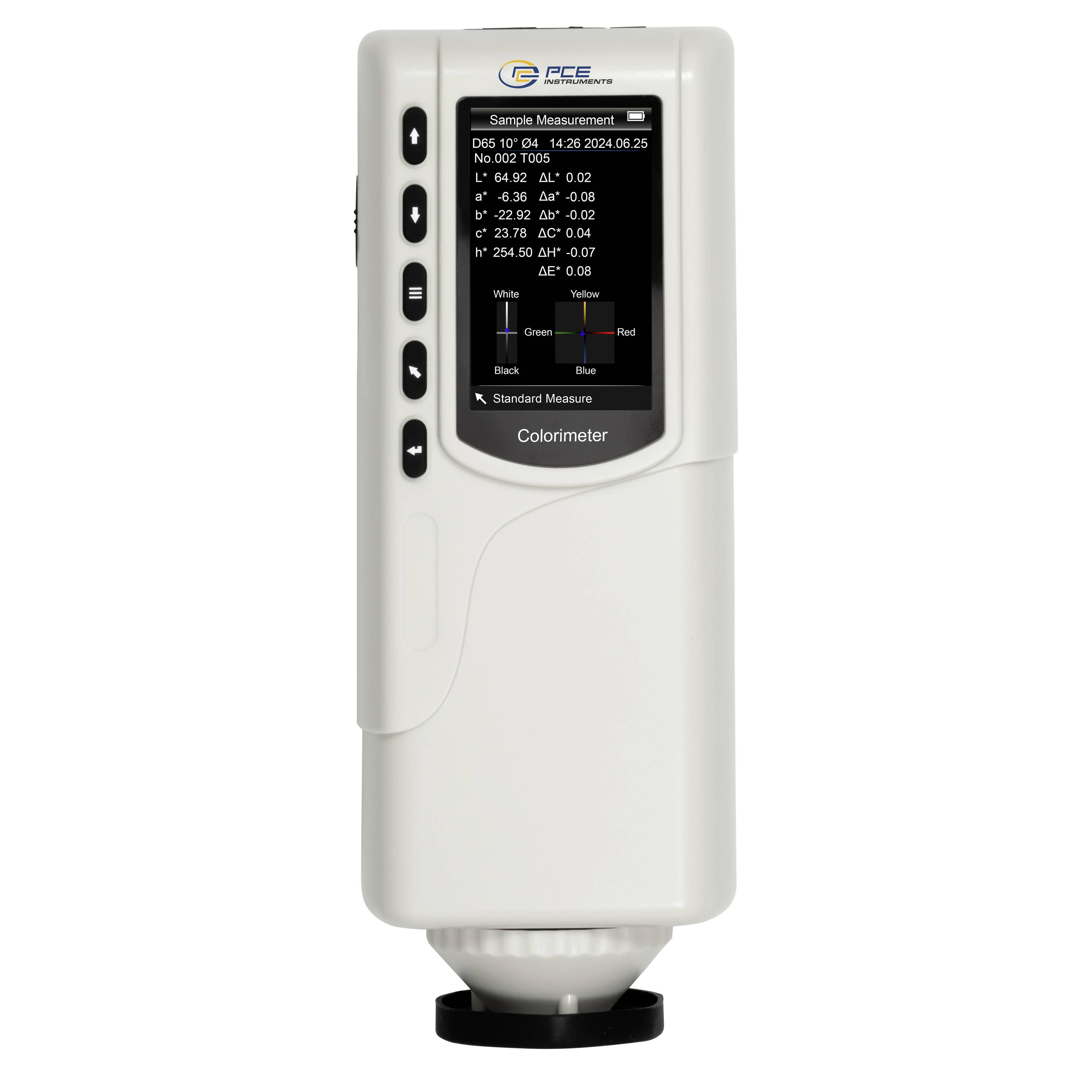 Tragbarer Kolorimeter mit Messergebnissen der Probe auf dem Bildschirm, mit Seitentasten und weißem Gehäuse auf neutralem Hintergrund.