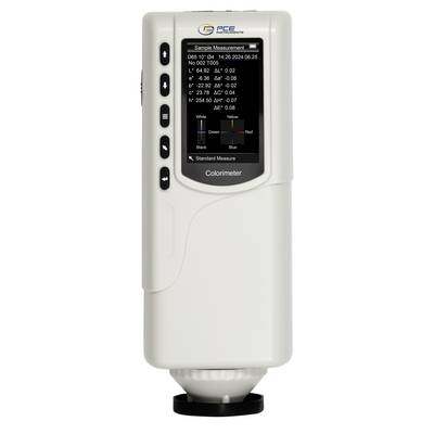 Tragbarer Kolorimeter mit Messergebnissen der Probe auf dem Bildschirm, mit Seitentasten und weißem Gehäuse auf neutralem Hintergrund.