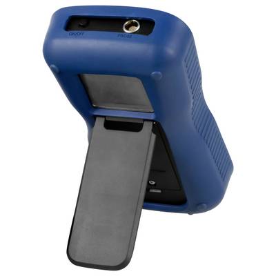 Blaues tragbares Gerät mit ausklappbarer Sonde/Sensor und Display, von hinten in einem Winkel gezeigt.